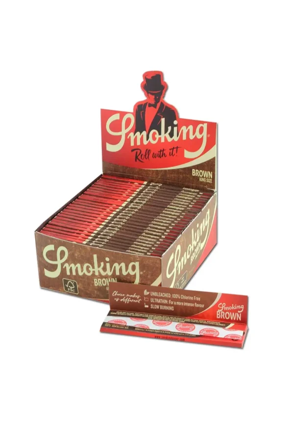 Papéis para cigarros Smoking® 'Brown' em formato king size, feitos de papel não branqueado e sem cloro, com gramatura de 13 g/m² por folha e goma 100% natural de origem vegetal.